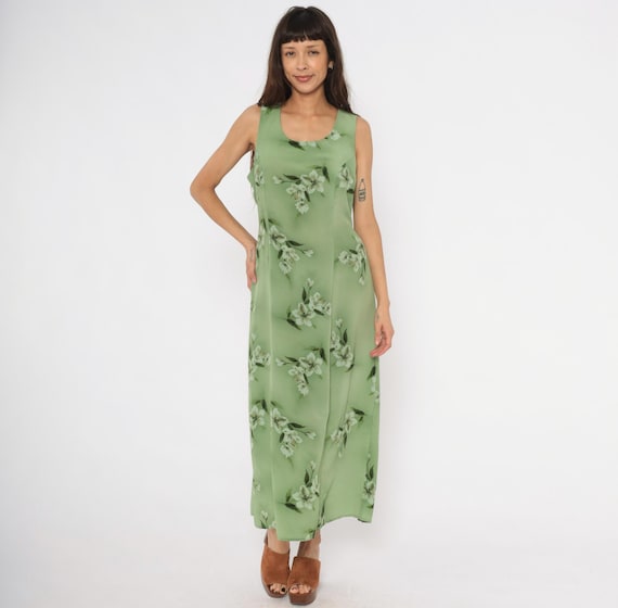 90s Sage Soft Grunge Floral Maxi Dress Sleeveless Green Olive Flower Print Summer Cottagecore Prairie Tie Back Open Cutout Vintage Large L