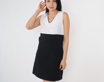Vintage Schwarz Weißes Kleid 90er Party Mini V-Ausschnitt Ärmellos Etuikleid Cocktail Minikleid Empire-Taille Abendkleid Monochrom S