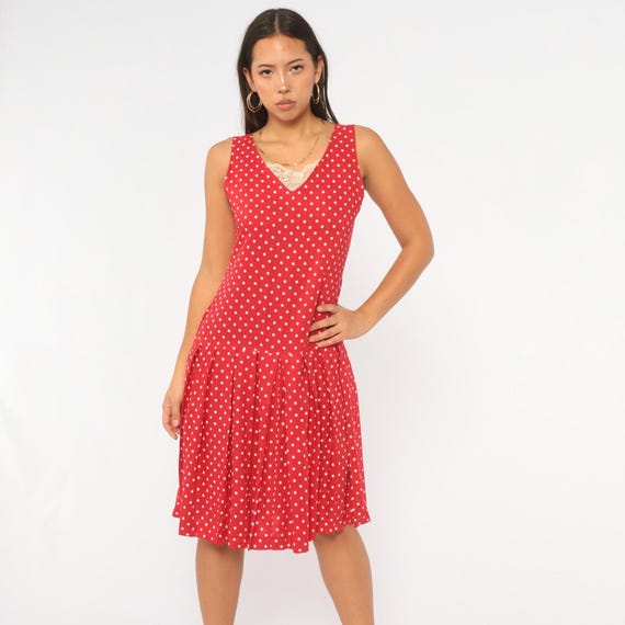 90s Polka Dot Dress Red White Drop Waist Pleated Skirt Sleeveless V Neck Lace Swing Rockabilly Pin Up Summer Garden Party Vintage Small S