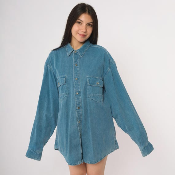 90s Jean Shirt Eddie Bauer Denim Button Up Shirt Blue Grunge Plain Long Sleeve Boyfriend Shirt Simple Streetwear Extra Large XL