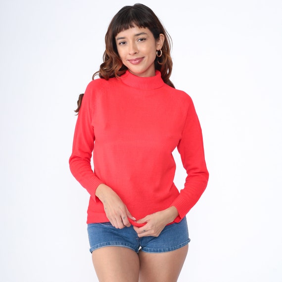 Neon Red Sweater 70s Turtleneck Sweater Lightweight Acrylic Raglan Sleeve Bright Red Pullover Jumper Vintage 1970s Plain Solid Small