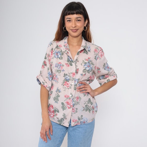 90s Beige Floral Blouse Roll Tab Sleeve Button up Shirt Flower Print Short Sleeve Top Retro Summer Collared Vintage 1990s Extra Large xl