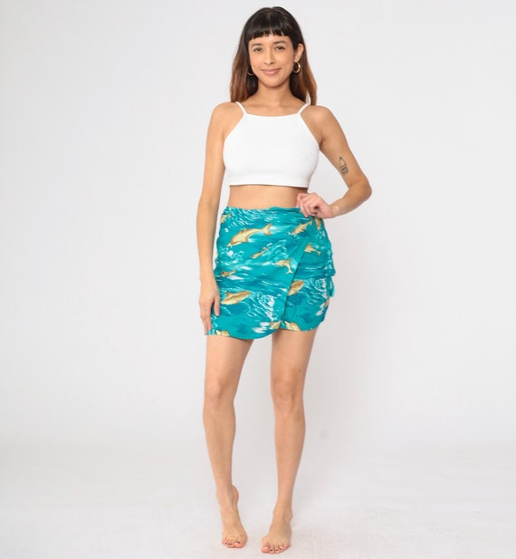 Sarong Dolphin Skirt 90s Tropical Blue Wrap Skirt Mini Skirt Hippie Summer Beach Cover Up Vintage 1990s Small Medium xs