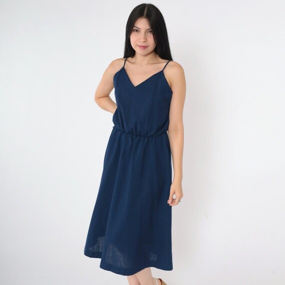 Vintage Navy Blue Sun Dress Boho 70s 80s Sundress Midi Bohemian Hippie V Neck Summer High Waist Plain Spaghetti Strap Retro Small S