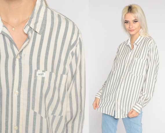 90s GUESS Shirt Grey Striped Shirt White Button U… - image 1