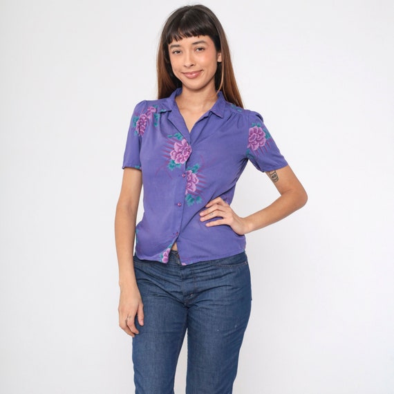 80s Floral Puff Sleeve Blouse Purple Shirt Button Up Shirt Boho Top Vintage Romantic Collared Blouse Short Sleeve Bohemian Retro Small 4