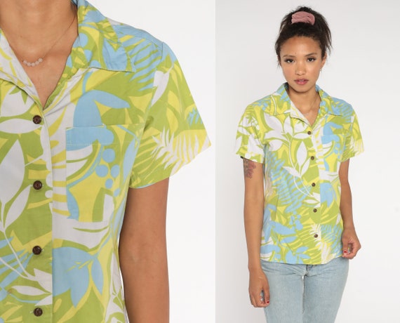 90s Tropical Shirt Yellow Green Shirt Hawaiian Blouse Button Up 1990s Vintage Surfer Vacation Short Sleeve Leaf Print Retro Top Medium