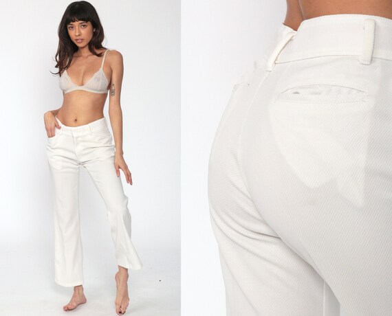 Bell Bottoms Pants Off-White Flares 70s Boho Hippie Bellbottom Polyester 1970s Vintage Bohemian Trousers Small 28