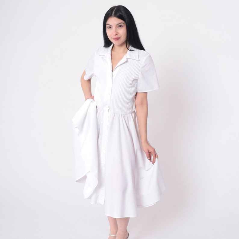 White Shirtdress 80s Button Up Dress Ribbed Knit Midi Knee Length Dress Retro Short Sleeve Elastic Waist Plain 1980s Vintage Small Medium image 5