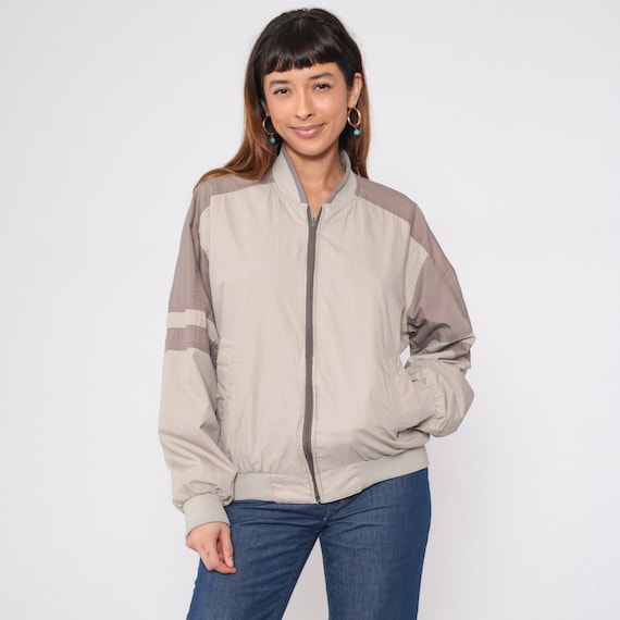 Reversible Members Only Jacket 80s Taupe Grey Windbreaker Tan Striped Bomber Cafe Racer Zip Up Streetwear Sporty Retro Vintage 1980s Medium