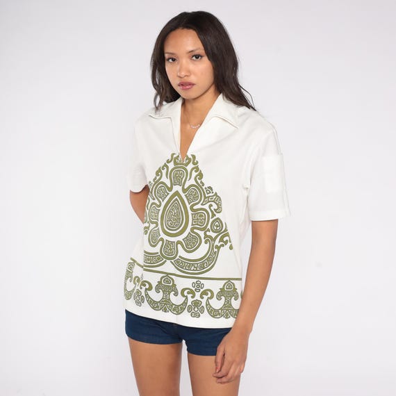 70s Hawaiian Shirt Medallion Olive Mandala Print Keone Sportwear White Tribal Wear Vacation Summer Hawaii Top Collared Medium M Men's