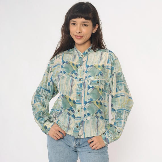 90s Silk Blouse Abstract Geometric Print Blue Green Cream Yellow Button Front Chest Pocket Minimalist Vintage Dressy Going Out  Medium M