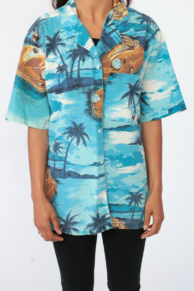 Tropical Car Shirt Surfer HAWAIIAN Blouse 80s Blue Top CLASSIC CAR Print Button Up Short Sleeve Surf Hipster Vintage Beach Extra Large xl l
