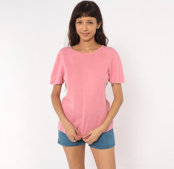 Y2K Rose Silk Blend Tee Pink Knit Top Short Sleeve Blush Pullover Shirt Minimal Summer Feminine Dusty Coral Relaxed Fit Vintage Large L