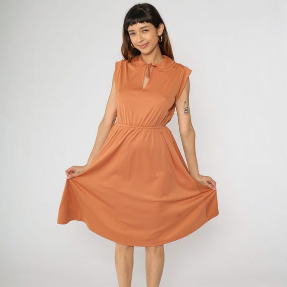 70s Blouson Dress Burnt Orange Keyhole Dress Midi Boho Bow Neck Peter Pan Collar High Waist Disco 1970s Vintage Bohemian Cap Sleeve Small