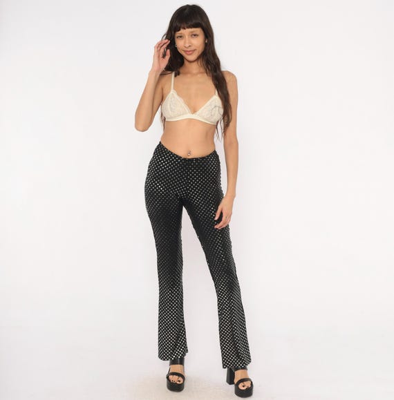 90s Black Silver Pants Straight Leg Sparkle Trousers Low Rise Disco Glam Going Out Club Wear Fitted Party Bottoms Shinny Slim Small S
