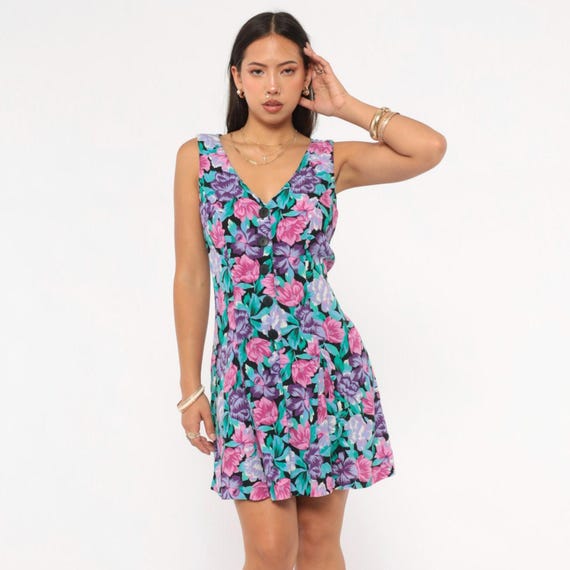 90s Floral Mini Romper Sleeveless V Neck Sundress Pink Purple Teal Tropical Fit Flare Skater Summer Playsuit Violet Lilac Frock Medium M