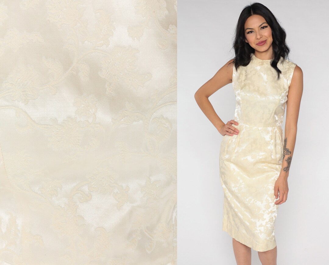 60s Brocade Dress 1960s Cream Party Dress Midi Floral Cocktail Going