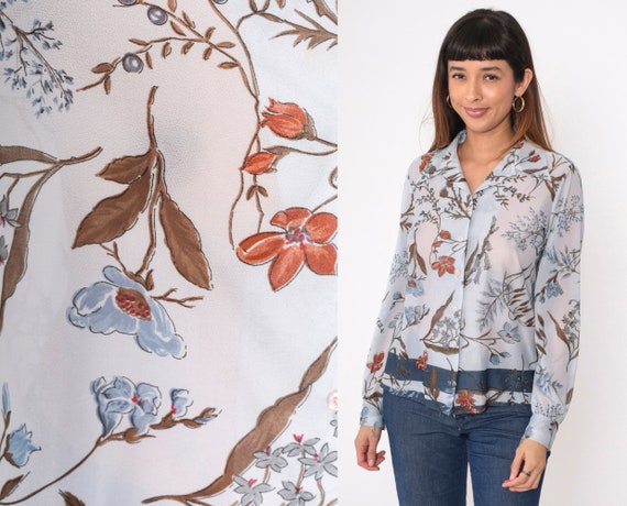70s Floral Blouse Semi-Sheer Button Up Shirt Powder Blue Flower Print Top Long Sleeve Pastel Dagger Collar Hippie Boho Vintage 1970s Medium