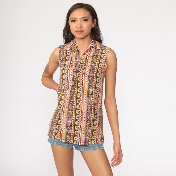 Hippie Blouse 70s Tank Top Bohemian Shirt 1970s Tribal Aztec Striped Boho Sleeveless CORSET Lace Up Retro Orange Purple Small