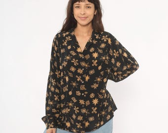 Silk Leaf Print Blouse 90s Black Gold Shirt Notched Collar Abstract Geometric Star Pattern Eclectic Loose Fit Summer Vacation Large L