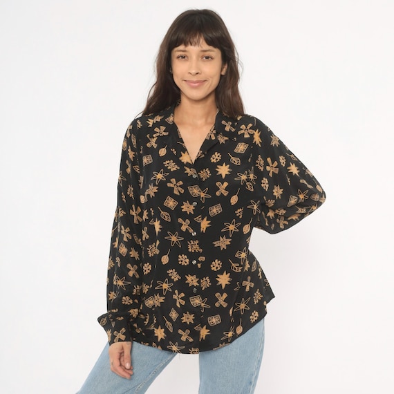 Silk Leaf Print Blouse 90s Black Gold Shirt Notched Collar Abstract Geometric Star Pattern Eclectic Loose Fit Summer Vacation Large L