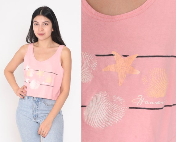 Hawaii Tank Top 90s Pink Crop Top Hawaiian Shell Starfish Graphic Tee Cropped T-Shirt Surfer Single Stitch Vintage 1990s Fun Tees Medium M