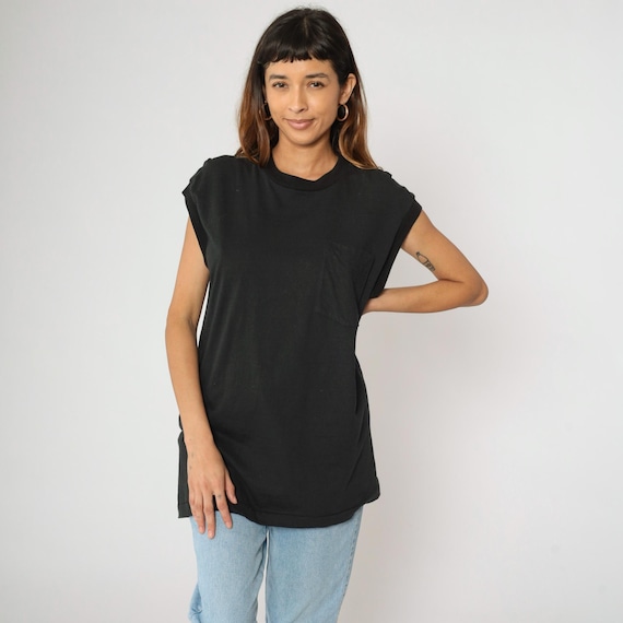 Vintage Black Muscle Tee Shirt 90s Plain Single Stitch Tank Top Tee Retro Shirt Sleeveless Top 1990s Retro Cotton Large L
