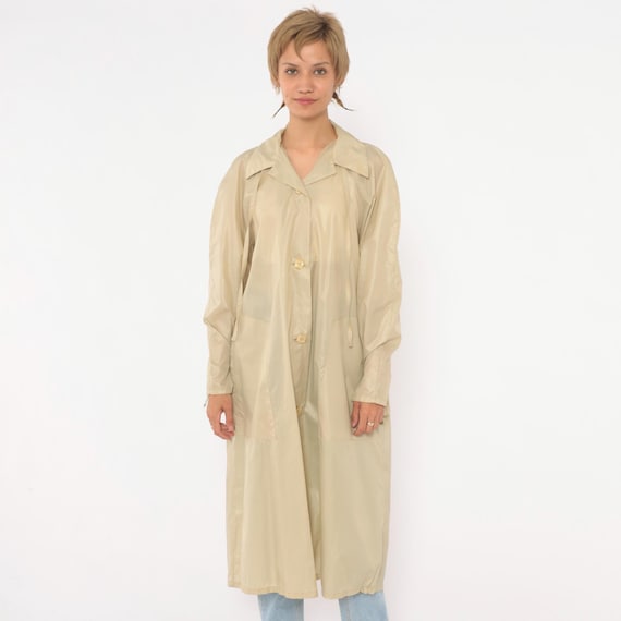 80s Raincoat Cream Trench Coat Semi Sheer Beige Button Front Long Rain Jacket Pointed Collar Lightweight Duster Fall Autumn Vintage Medium M