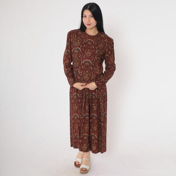 90s Paisley Dress Gold Trim Puff Sleeve Dress Maroon Button Back Midi Dress 1980s Secretary Long Sleeve Vintage 1990s Medium Petite 10