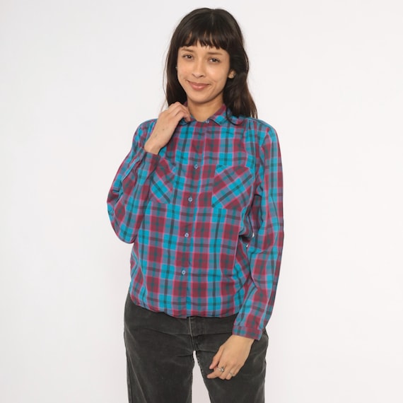 80s Plaid Shirt Button Front Teal Magenta Check Blouse Cotton Pointed Collar Chest Pockets Top Western Cowgirl Rodeo Women Vintage Large L