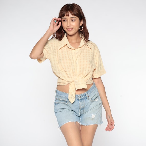 90s Cream Gingham Shirt Button Front Check Pattern Classic Collar Chest Pocket Preppy Minimalist Academic Vintage Summer Blouse Medium M