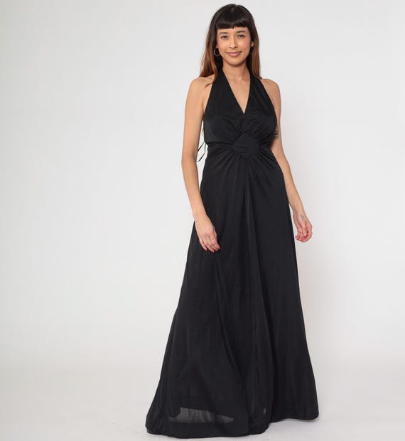 Black Halter Dress 70s Maxi Gown Plunging V Neck Open Back Disco Sunburst Empire Waist Evening Cocktail Formal Prom Bridesmaid Medium M