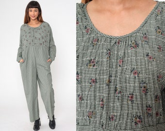 Jaren '90 Gingham Jumpsuit Gesmokte Bloemen Geruite Jumpsuit Broek Rechte pijpen Eéndelig Broekpak Vintage Lange Mouw Romper Oversized Groot