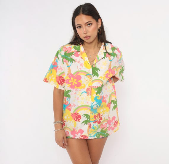Y2K Tropical Hawaiian Shirt White Pink Cotton Camp Collar Short Sleeve Palm Tree Rainbow Hibiscus Floral Beach Vacation Top Extra Large XL