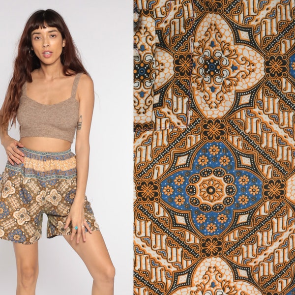 90s Batik Shorts Beach Shorts 90s Shorts Yellow Brown Cotton Summer High Waisted Retro Vintage 1990s Hipster Geometric Extra Small xs s