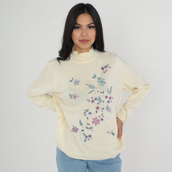 Cream Floral Sweater Y2K Knit Pullover Mock Neck … - image 2