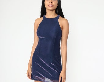 90s Party Dress Blue Metallic Mini Dress Club Dress Raver Iridescent Y2K Tank Dress Sparkly Racerback Vintage Sleeveless Extra Small xs