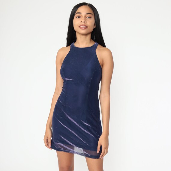 90s Party Dress Blue Metallic Mini Dress Club Dress Raver Iridescent Y2K Tank Dress Sparkly Racerback Vintage Sleeveless Extra Small xs