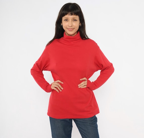 90s Red Turtleneck Cotton Pullover Relaxed Fit Long Sleeve Crimson Sweater Scarlet Top Cherry Shirt Minimalist Vintage Large To Extra XL