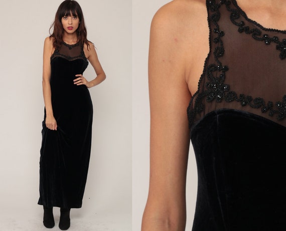 Velvet Maxi Dress 90s Black Velvet SHEER SEQUIN MESH Dress Party Cut Out 1990s Bodycon Sheath Grunge Cocktail Goth Vintage Small Medium