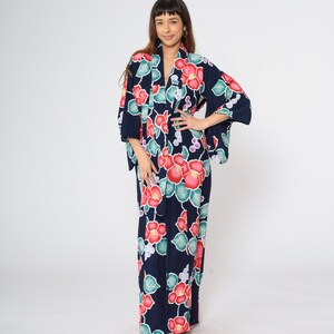 Japanese Floral Kimono Y2K Navy Blue Long Robe Open Front Maxi Jacket Full Length House Coat Flower Print Vintage 00s Small Medium Large