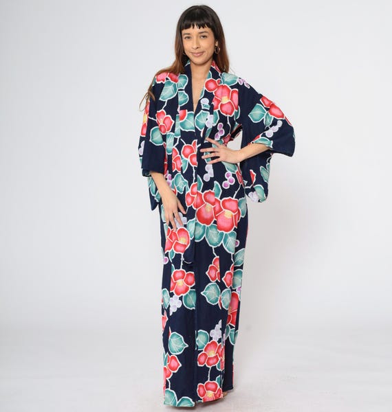 Japanese Floral Kimono Y2K Navy Blue Long Robe Open Front Maxi Jacket Full Length House Coat Flower Print Vintage 00s Small Medium Large