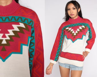 Southwestern Knit Sweater 80s Boho Mock Neck Sweater Wool Blend Ski Pullover Bohemian Jumper Red Blue White Vintage 1980s Ossi Small S