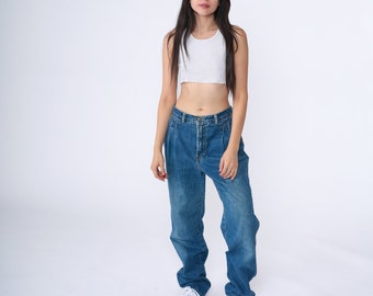 Calça jeans larga 90s, plissada, cintura alta, perna reta, azul, algodão, retrô, relaxada, namorado, vintage, 1990, zena, pequena 28