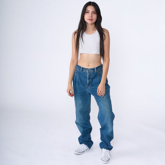 90s Baggy Jeans Pleated High Rise Leg Denim Pants Straight Leg Jeans Blue Cotton Retro Relaxed Boyfriend Jeans Vintage 1990s Zena Small 28