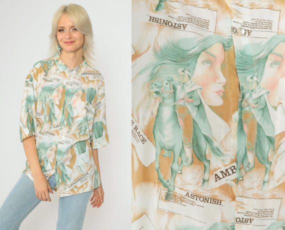 90s Graphic Print Shirt Horse Race Oversized Button-Up Ambassador Short Sleeve Vintage 1990s Watercolor Art Equestrian Print Medium Large