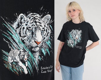 White Tiger Shirt Y2K Glitter T-Shirt Extinction is Forever Wildlife Graphic Tee Las Vegas Sparkly Animal Tshirt Vintage 00s Black Medium