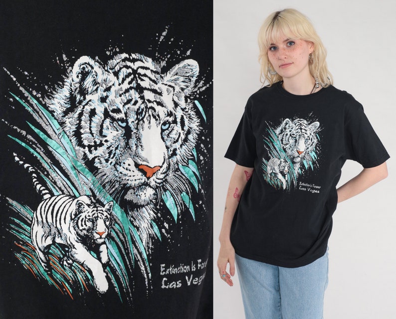 White Tiger Shirt Y2K Glitter T-Shirt Extinction is Forever Wildlife Graphic Tee Las Vegas Sparkly Animal Tshirt Vintage 00s Black Medium image 1