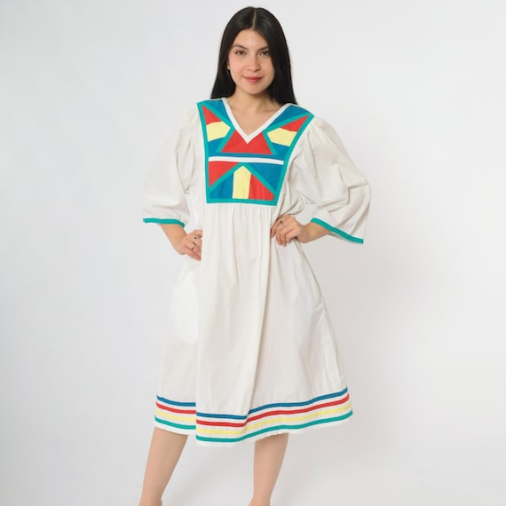 80s Garden Sundress White Cotton Midi Dress Geometric Colorblock Bib Front V Neck Rainbow Stripes Pockets Summer Bright Lounge Medium M